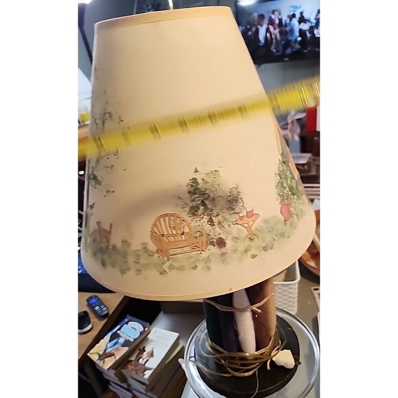 Handmade Folk Art Lamp Rustic Wood Base Textile Spools Painted Cottage Shade - Picture 12 of 13